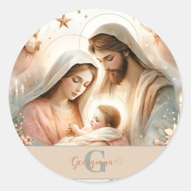 Personalisiertes florales Watercolor Baby Jesus Kr Runder Aufkleber (Vorderseite)