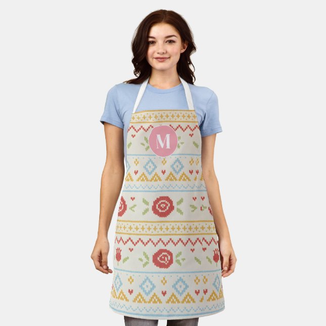 Personalisiertes Folk Nordic Boho Blumenmuster Schürze (Getragen)
