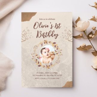 Personalisiertes Foto 1. Geburtstag braun Einladung
