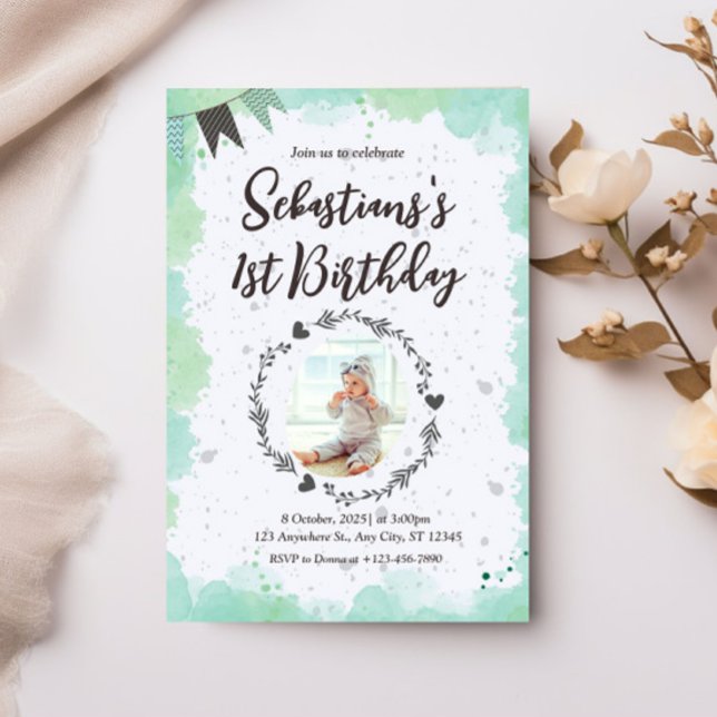 Personalisiertes Foto 1. Geburtstag Wasserfarbe Einladung (Von Creator hochgeladen)