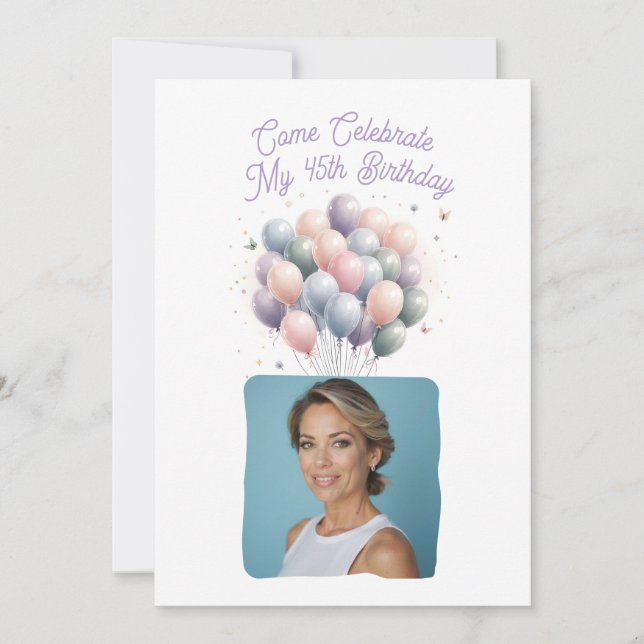 Personalisiertes Foto 45. Geburtstag Balloons Einladung (Vorderseite)