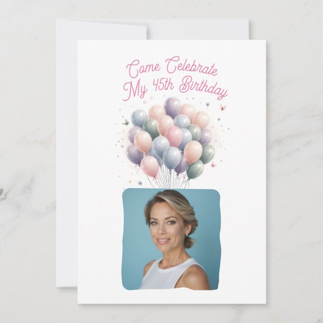 Personalisiertes Foto 45. Geburtstag Balloons Einladung (Vorderseite)