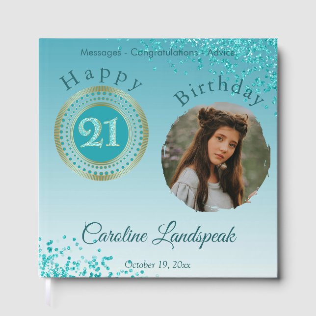 Personalisiertes Foto Aquamarin Blue Glitzer 21. G Gästebuch (Vorderseite)