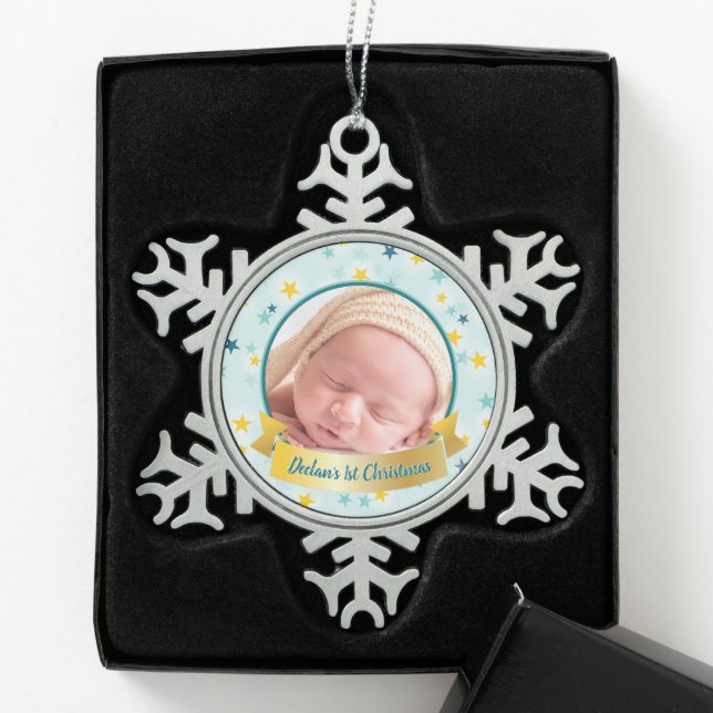 Personalisiertes Foto Aquamarin Celestial Snowflak Schneeflocken Zinn-Ornament (Box)
