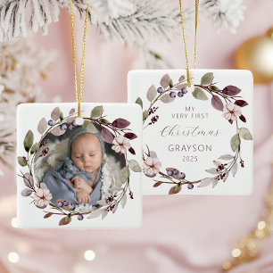 Personalisiertes Foto Baby erstes Weihnachten Lila Keramikornament