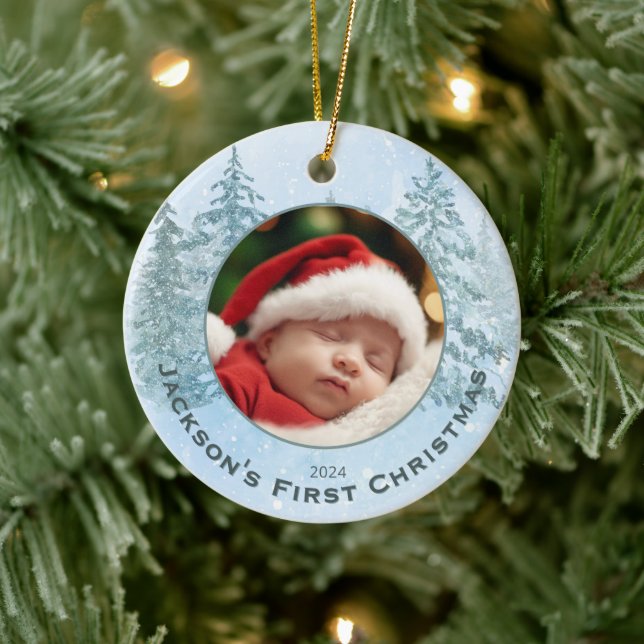 Personalisiertes Foto Baby's First Christmas Keramik Ornament (Baum)