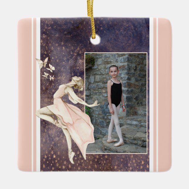 Personalisiertes Foto Ballerina, Schmetterling Wei Keramikornament (Vorderseite)