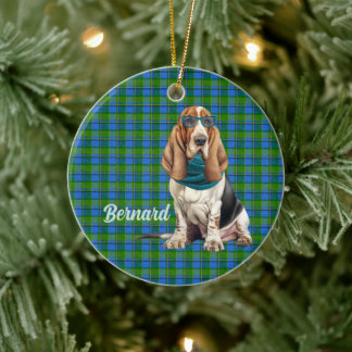 Personalisiertes Foto Basset Hound Grün Blau Karo Keramik Ornament