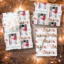 Personalisiertes Foto BELIEVE Weihnachtstypografie Geschenkpapier Set