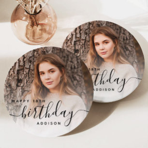 Personalisiertes Foto Black Script 18. Geburtstag Pappteller