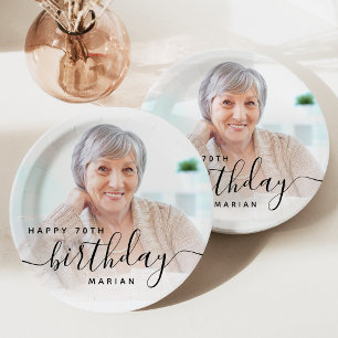 Personalisiertes Foto Black Script 70. Geburtstag Pappteller