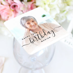 Personalisiertes Foto Black Script 70. Geburtstag Rechteckiger Pappuntersetzer
