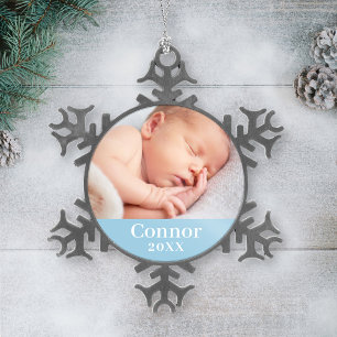 Personalisiertes Foto 'Blauer Babyjunge' mit Namen Schneeflocken Zinn-Ornament