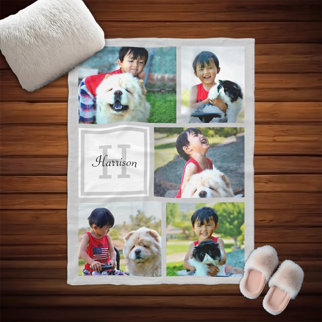 Personalisiertes Foto Collage Mit Monogramm Graues Fleecedecke (custom photo fleece blanket
)