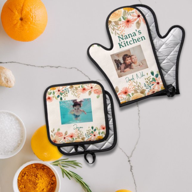 Personalisiertes Foto Collage Nana Großmutter's Ki Ofenhandschuh & Topflappen-Set (Personalized Photo Collage Nana Grandma's Kitchen Oven Mitt & Pot Holder Set)