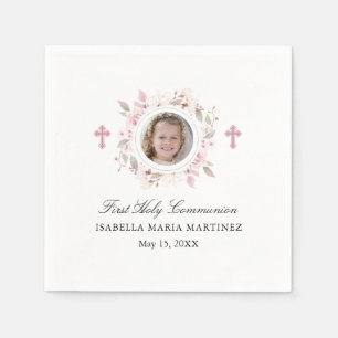 Personalisiertes Foto Erste Kommune Rosa Bläschen Serviette
