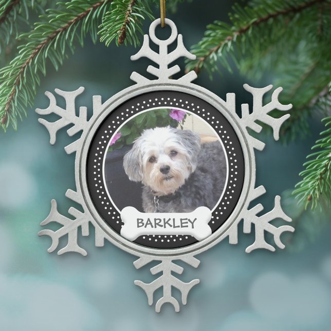Personalisiertes Foto für Haustiere mit Dog-Knoche Schneeflocken Zinn-Ornament (A photo ornament with a simple frame for a pet dog photo)