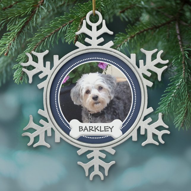Personalisiertes Foto für Haustiere mit Dog-Knoche Schneeflocken Zinn-Ornament (Personalized pewter Christmas Ornament - Pet Photo)