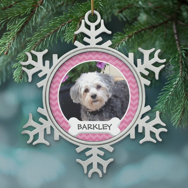 Personalisiertes Foto für Haustiere mit Dog-Knoche Schneeflocken Zinn-Ornament (Personalized pewter Christmas Ornament - Pet Photo)