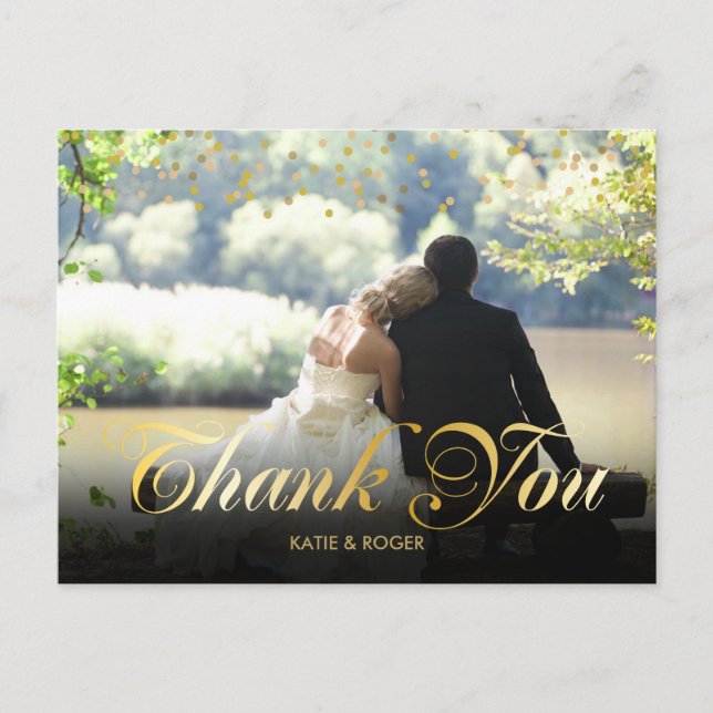 Personalisiertes Foto Gold Confetti Script Vielen  Postkarte (Vorderseite)