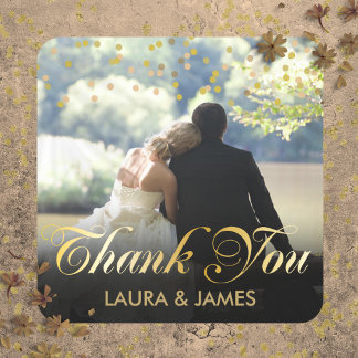 Personalisiertes Foto Gold Confetti Script Vielen Quadratischer Aufkleber