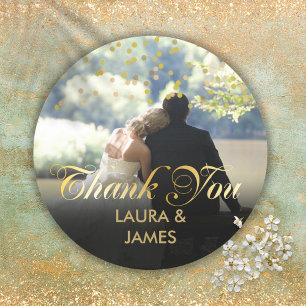 Personalisiertes Foto Gold Confetti Script Vielen Runder Aufkleber