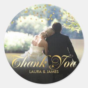 Personalisiertes Foto Gold Confetti Script Vielen Runder Aufkleber