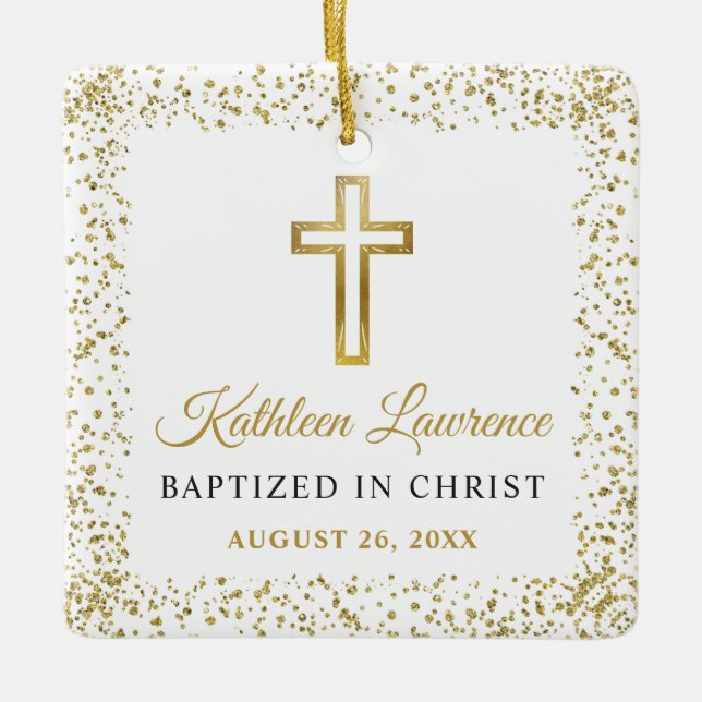 Personalisiertes Foto Gold Glitzer Cross Girl Tauf Keramikornament (Vorderseite)