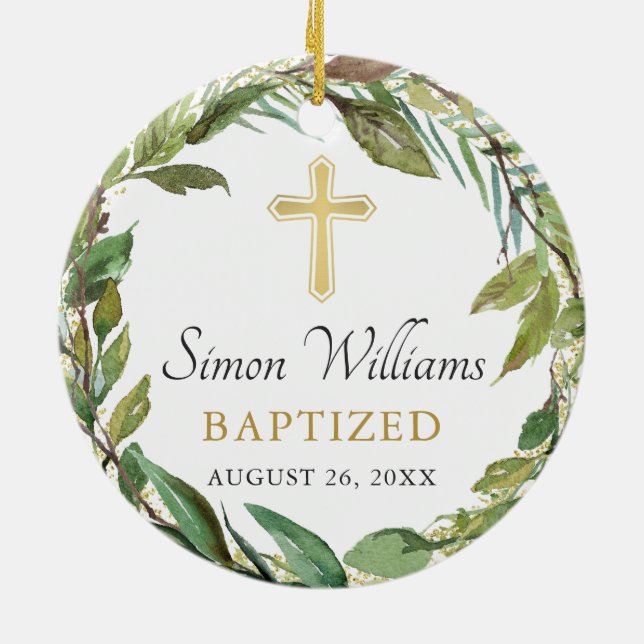 Personalisiertes Foto Goldgrün Kruste Taufe Keramik Ornament (Hinten)