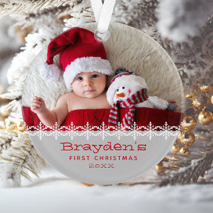 Personalisiertes Foto Gray Red Baby's First Christ Ornament