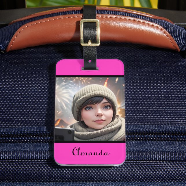 personalisiertes Foto heller Neonrosa Gepäckanhänger (Vorderseite Insitu 2)