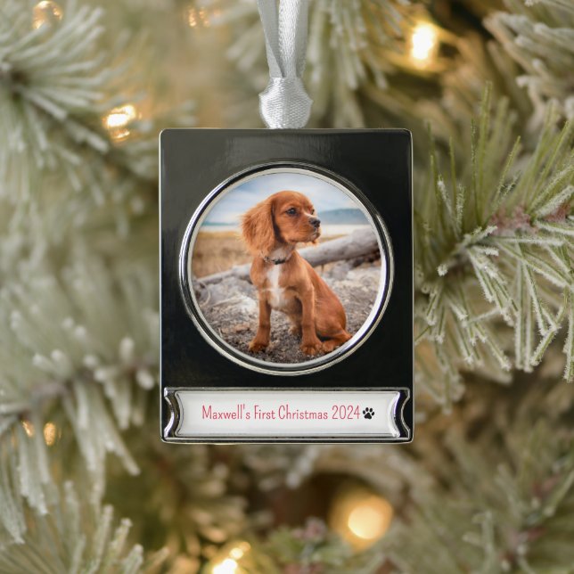 Personalisiertes Foto Hunde Erste Weihnachten 2024 Banner-Ornament Silber (Baum)
