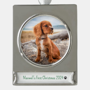 Personalisiertes Foto Hunde Erste Weihnachten 2024 Banner-Ornament Silber