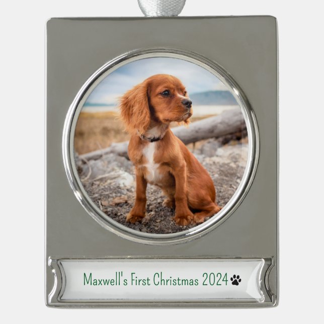 Personalisiertes Foto Hunde Erste Weihnachten 2024 Banner-Ornament Silber (Vorderseite)