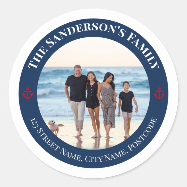 Personalisiertes Foto im Navy Circle mit Roter Ank Runder Aufkleber (Vorderseite)