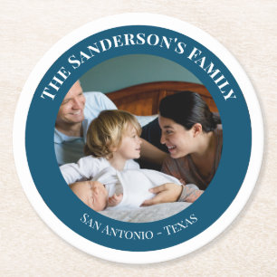 Personalisiertes Foto im Türkiszirkel mit Texten Runder Pappuntersetzer