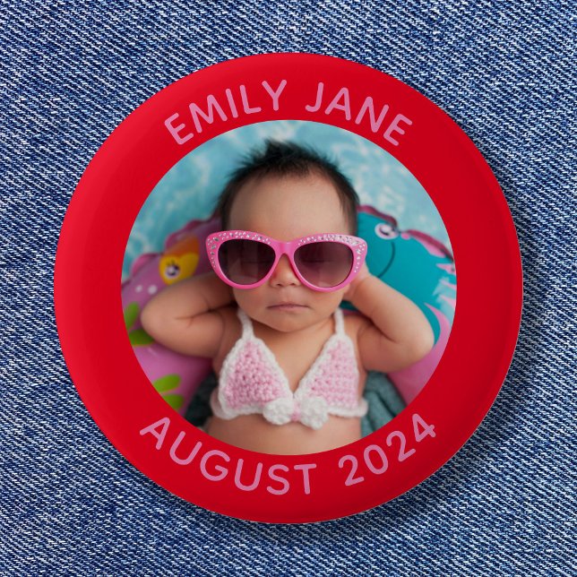 Personalisiertes Foto in Rot und Rosa Button (Red and Pink Personalized Round Family Photo Button)