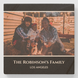 Personalisiertes Foto in Schwarz-Rahmen mit Texten Steinuntersetzer