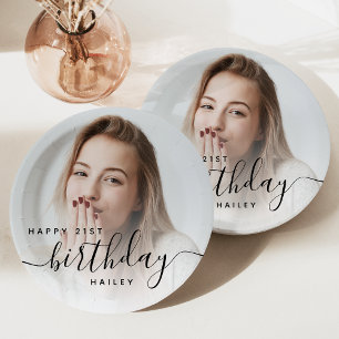 Personalisiertes Foto in schwarzer Schrift zum 21. Pappteller