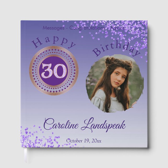 Personalisiertes Foto Lila Glitzer, 30. Geburtstag Gästebuch (Vorderseite)