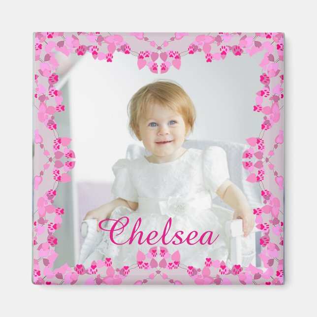 Personalisiertes Foto Magnet Rosa Grenze und Name (Vorne)