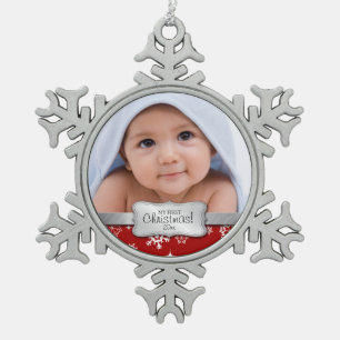 Personalisiertes Foto - mein 1. Weihnachten Schneeflocken Zinn-Ornament
