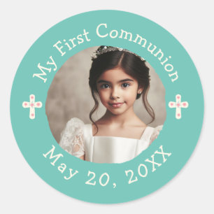 Personalisiertes Foto mein erstes Kommunalkreuz Runder Aufkleber