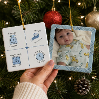 Personalisiertes Foto mit Geburtsstatistiken für B Keramikornament
