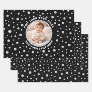 Personalisiertes Foto mit Perlenkreis auf Schwarz Geschenkpapier Set