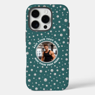 Personalisiertes Foto mit Perlenkreis auf Türkis iPhone 16 Pro Hülle