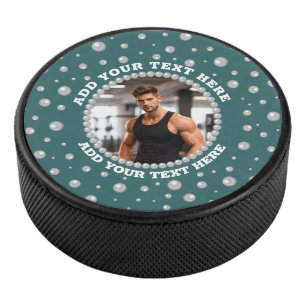 Personalisiertes Foto mit Perlenkreis auf Türkis Eishockey Puck