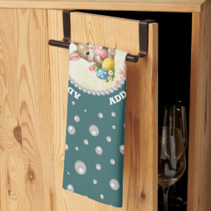 Personalisiertes Foto mit Perlenkreis auf Türkis Geschirrtuch