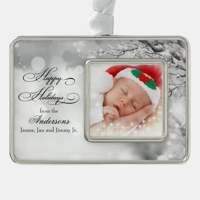 Personalisiertes Foto mit Winterschnee Rahmen-Ornament Silber (Vorderseite)