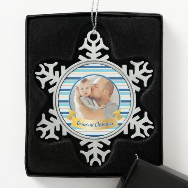 Personalisiertes Foto Moderner Streifen Aquamarin  Schneeflocken Zinn-Ornament (Box)